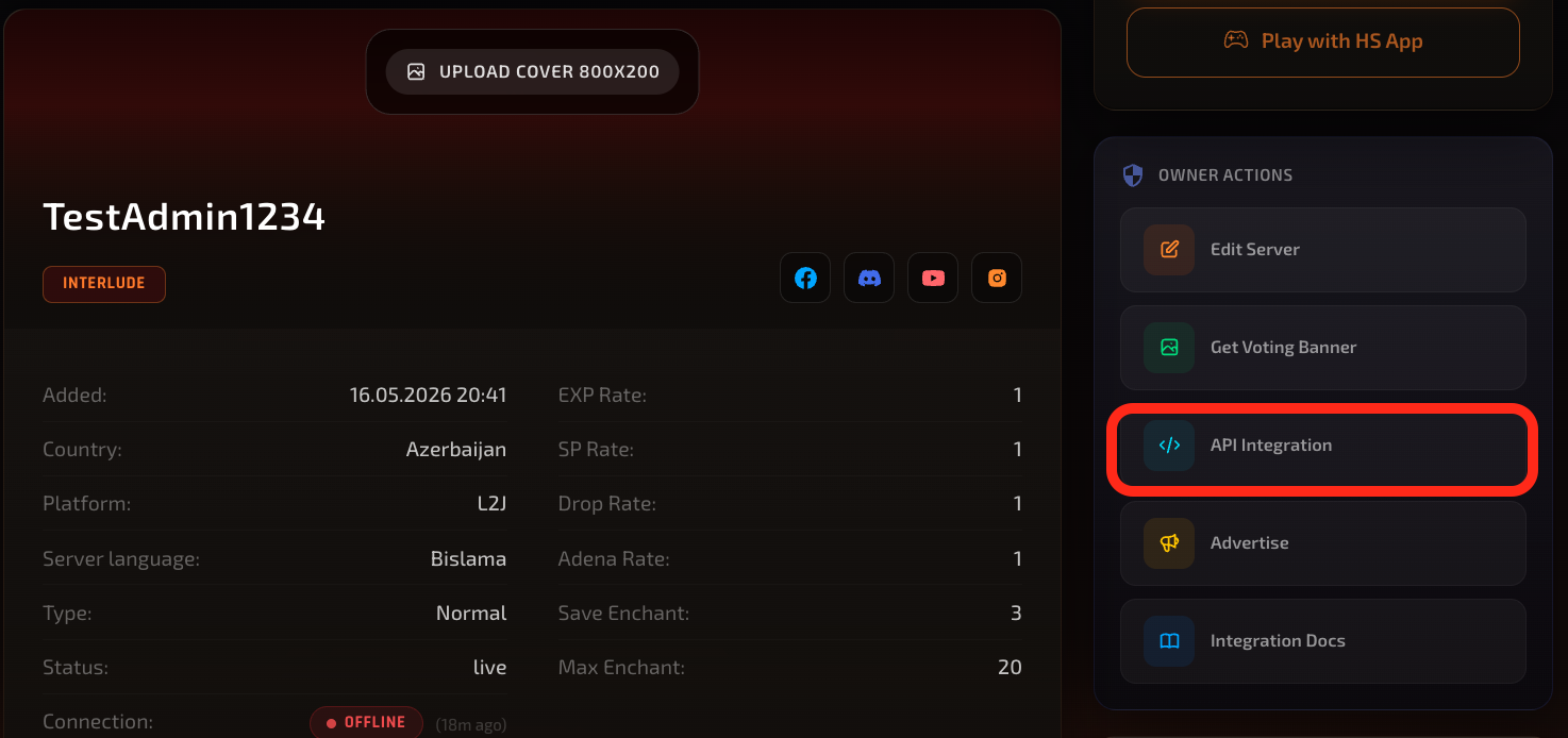 step 1: find the api integration button on you server own page