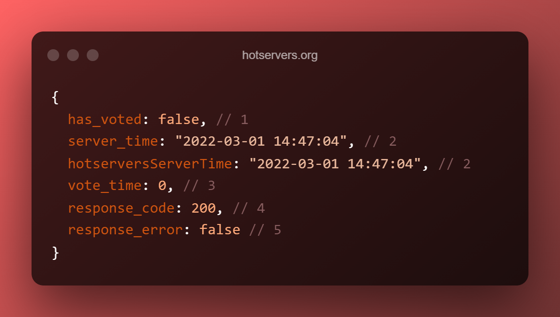 Example response from hotservers api showing formated json data when user check if IP has voted