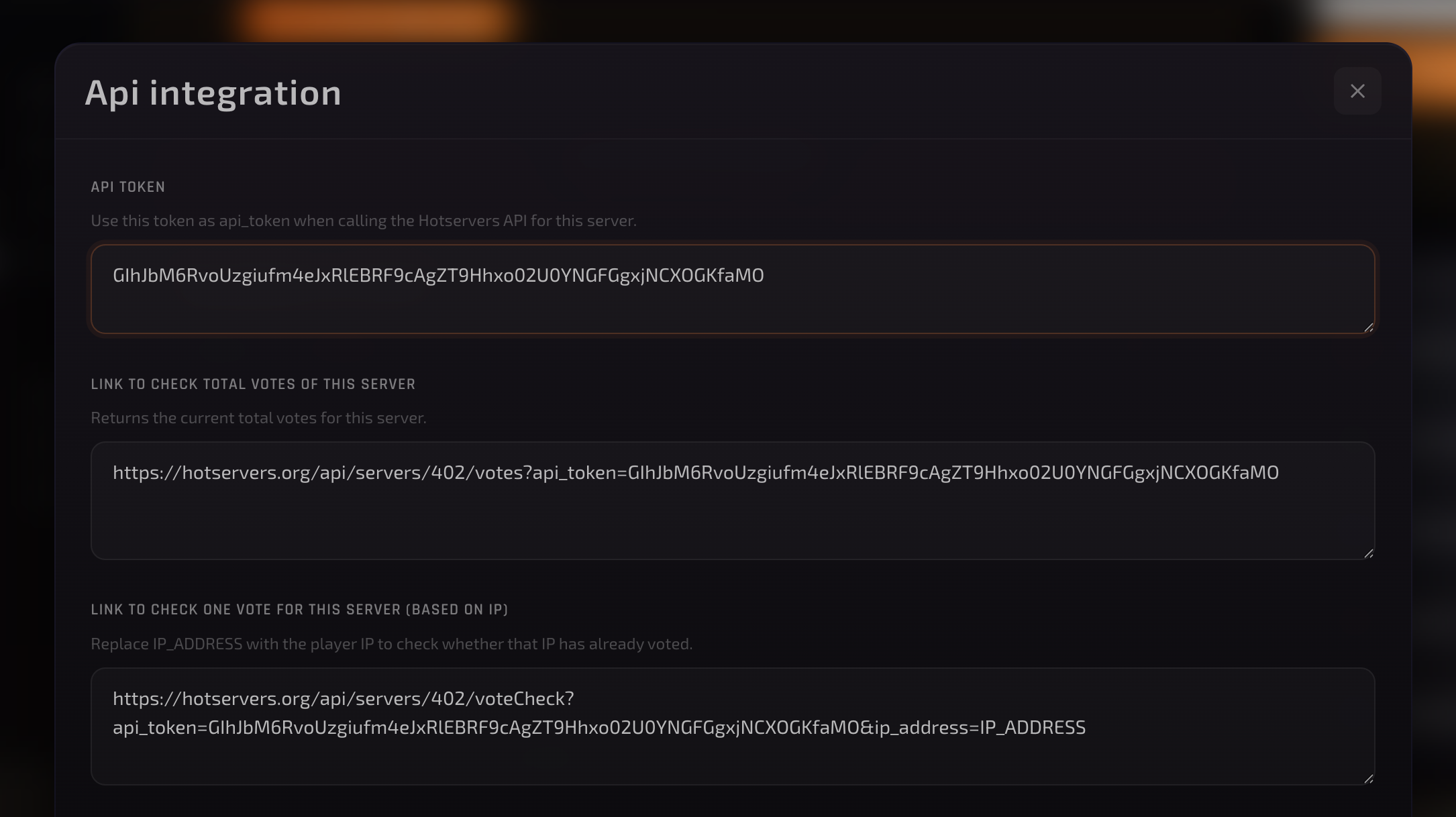 step 2: get api token, link to check if IP has voted and total votes count for server